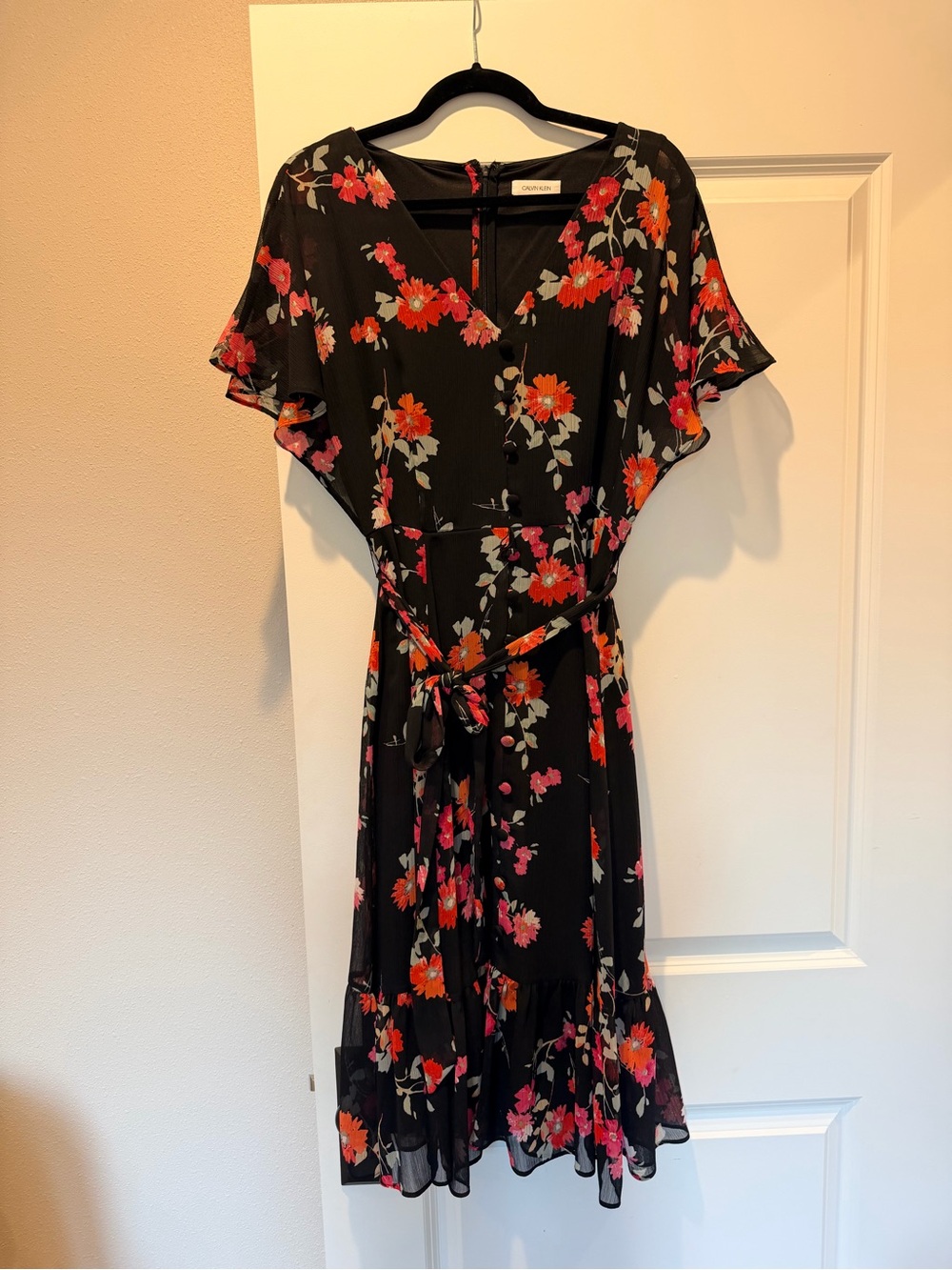 Calvin Klein Black Dress with Red and Pink Floral Print